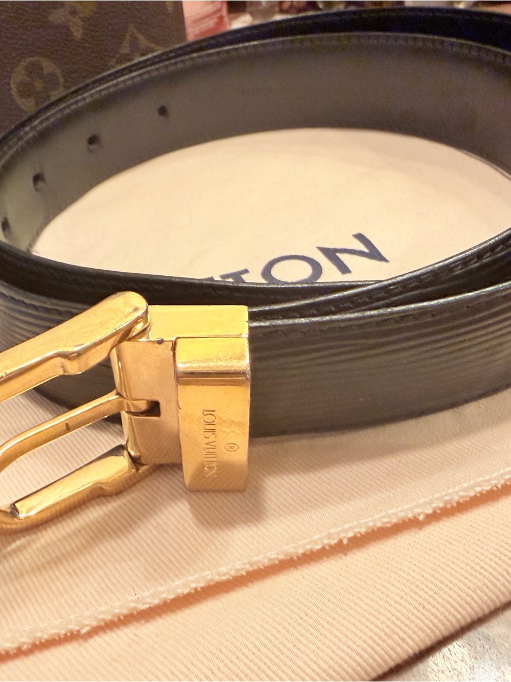 Louis Vuitton Epi Black Leather Belt with Gold Hardware